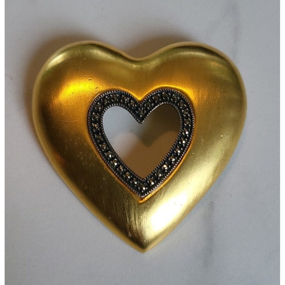 Judith Jack Heart Brooch Brushed Gold Tone Sterling Silver Marcasite Pin Signed